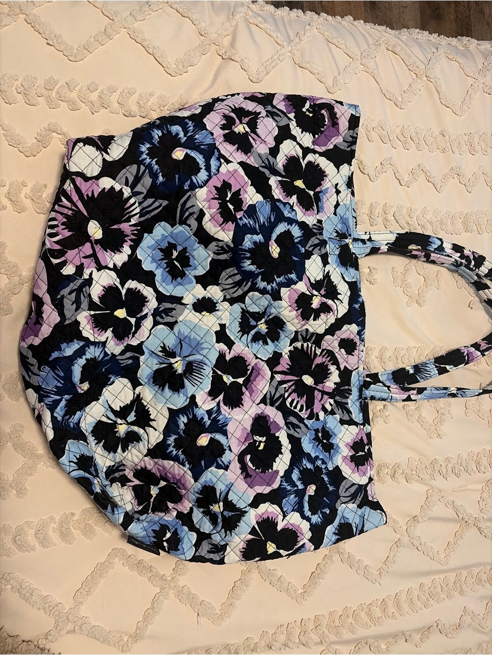Vera Bradley Pansy Petals Floral Quilted Tote Bag Blue Purple Black Shoulder Bag